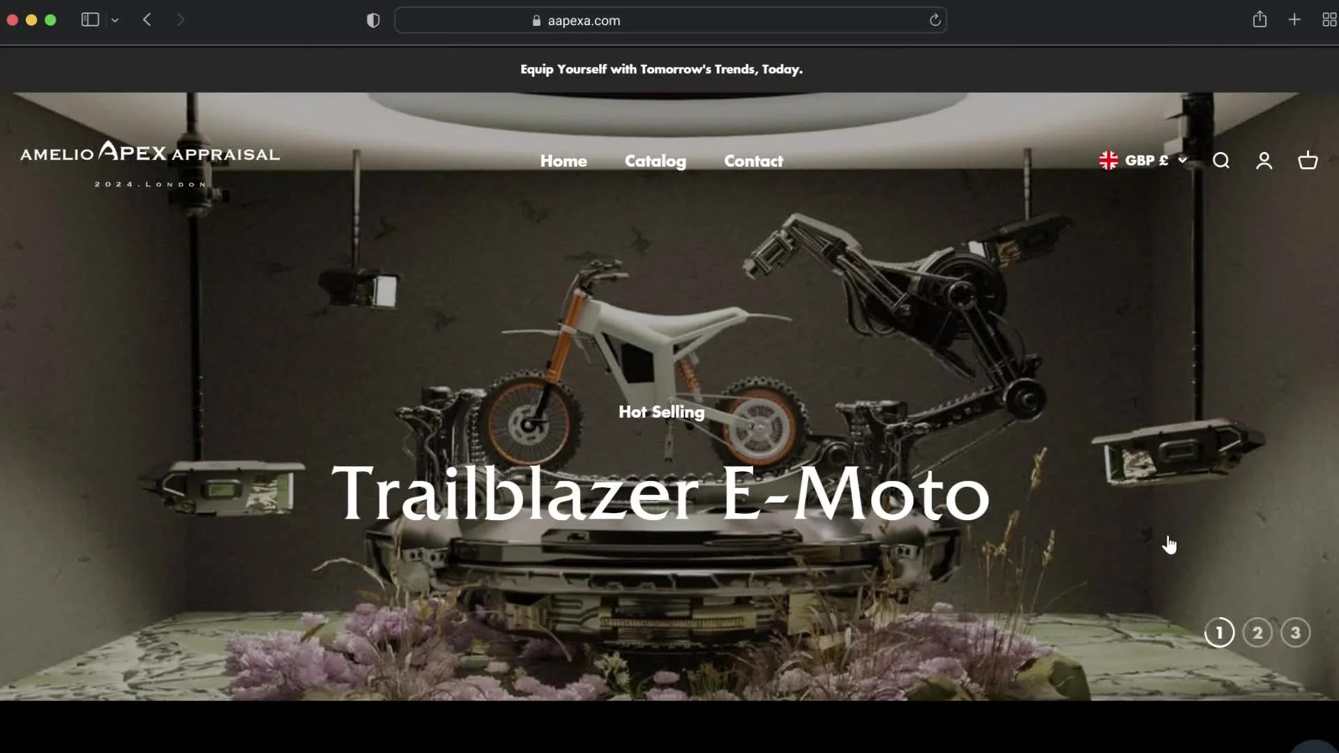 Hero auto-scroll carousel — three products in rotation.