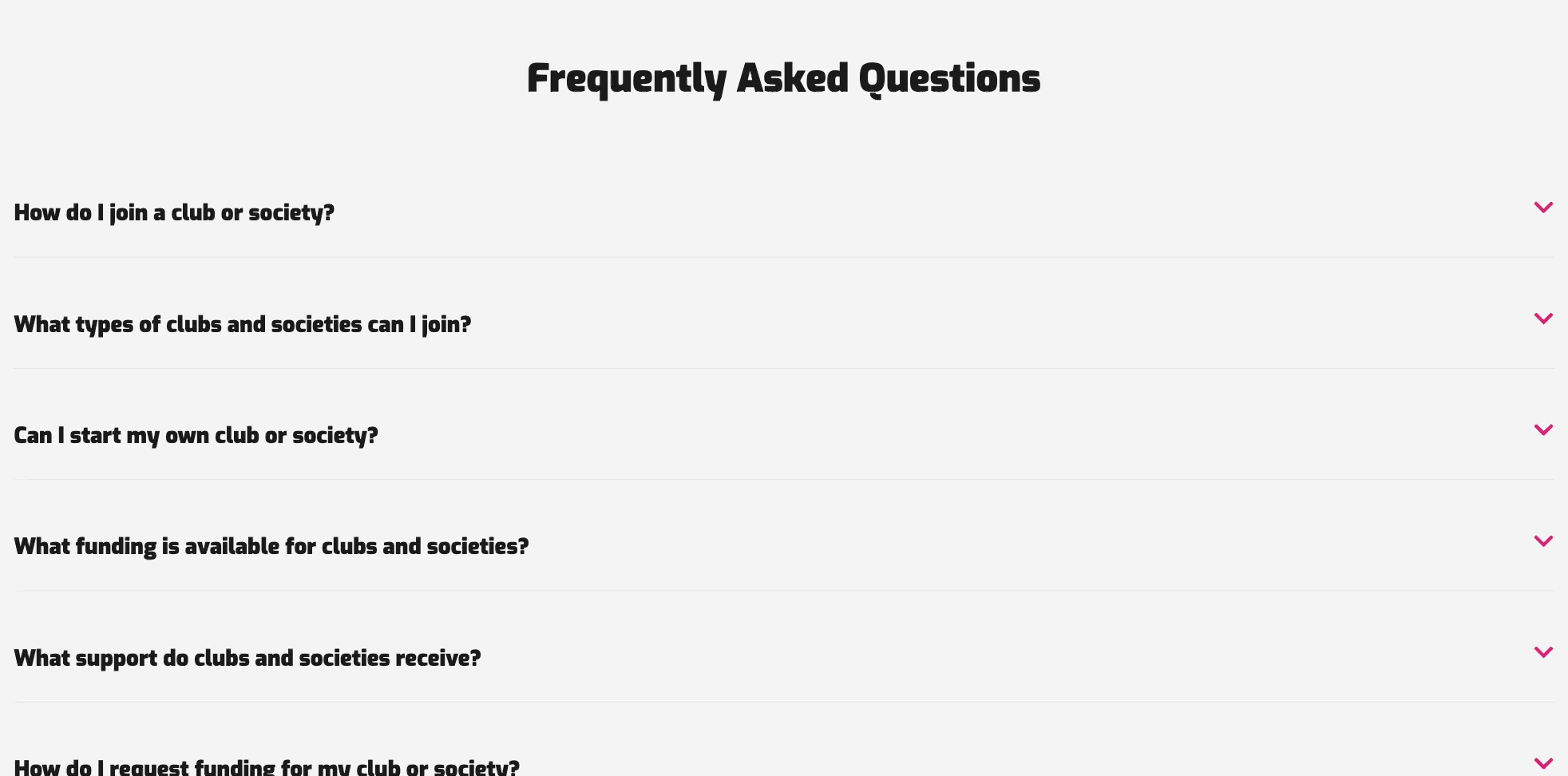 FAQ accordion — Clubs & Societies.