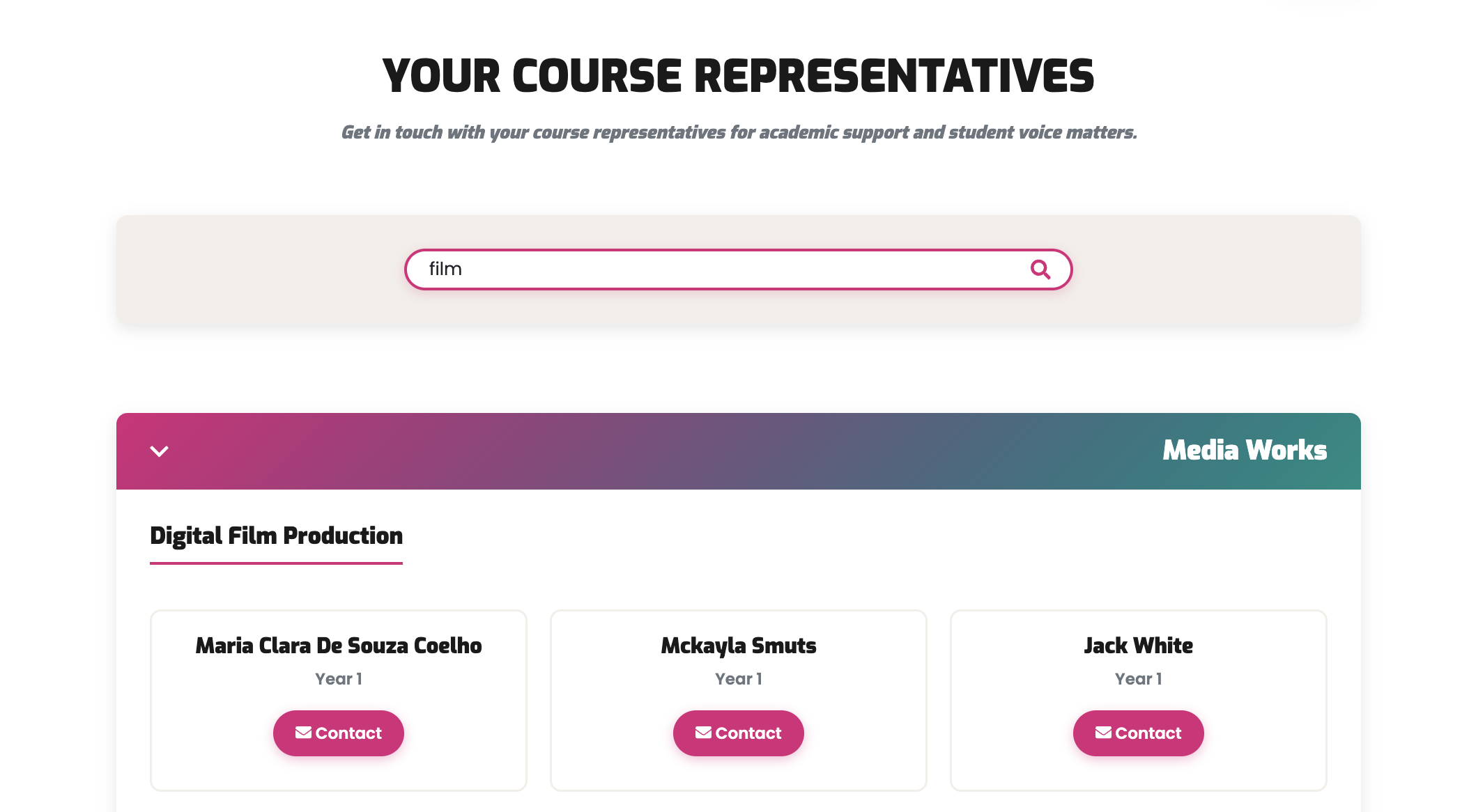 Course Reps — searchable directory with real-time filtering.