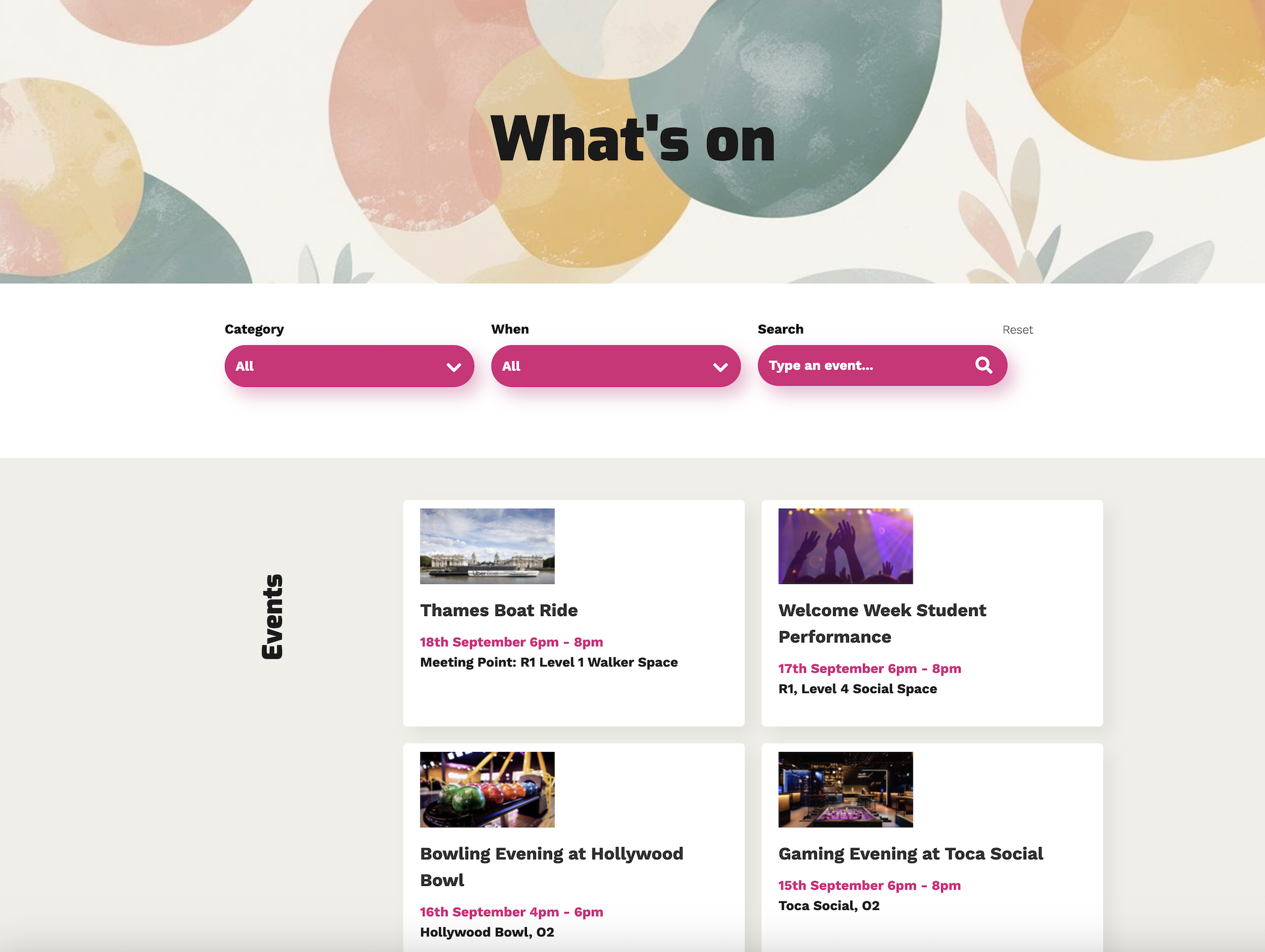 Events — filterable listing with live keyword search.